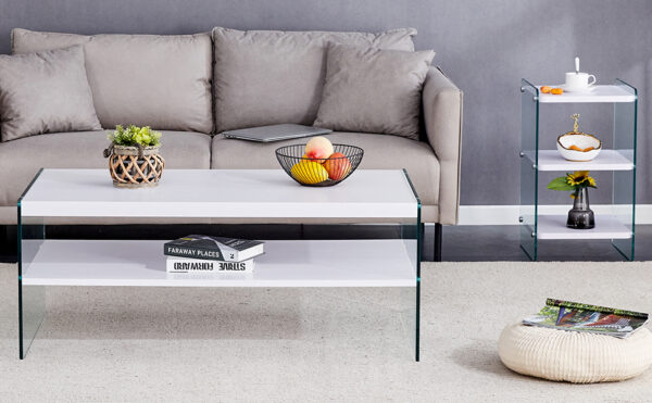 Double rectangular coffee table. The board surface is MDF, with white stickers, and both sides are transparent tempered glass. Suitable for living room, bedroom and other occasions.