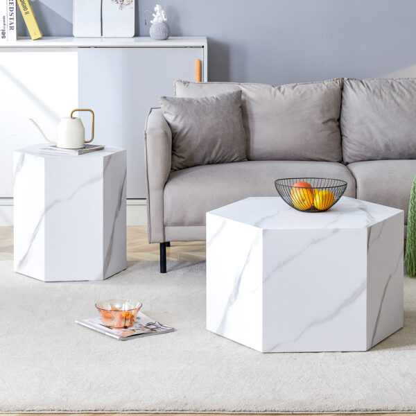 0a4e04050f7d4f48993499ae24c36d9e_4b461b59e7e6110fefa95d8070f89de0 Modern minimalist style hexagonal white marble patterned MDF coffee table set (two-piece set) .Complex texture patterns, style and texture coffee table to redefine your interior decoration.