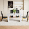 Table and chair set.63"*35.4" White Imitation Marble Pattern MDF Dining Table Set - 4 PU Chair With Black Saddleback, Geometric Pattern Backrest,Golen Curved Metal Leg..Suitable For Various Scenes.