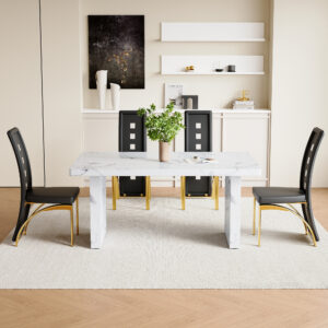 Table and chair set.63"*35.4" White Imitation Marble Pattern MDF Dining Table Set - 4 PU Chair With Black Saddleback, Geometric Pattern Backrest,Golen Curved Metal Leg..Suitable For Various Scenes.