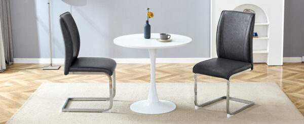 0a5a79507ee24f7fb827931ca31cf07d_d34da6743753bfaaa2cfe22092f21719 Table and chair set.Hourglass-Shaped Stable Small Round Table -31.9" * 31.9" With 2 Soft and Comfortable Dark Gray PU Chair With Arched Metal Silver Leg.Create Your Exclusive Low-Key Luxury Space.
