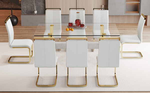 0a775069fb9e49f3a0c3f9686443df8e_be23c9f126a702ab1023f117995bb298 Table and chair set.Elegant Transparent Tempered Glass Dining Set - 71"x35.4" with 8 Light Gray PU Chairs with golden C-tube metal leg.X-shaped Golden Metal Table Legs,Black Textured MDF Crossbeam.