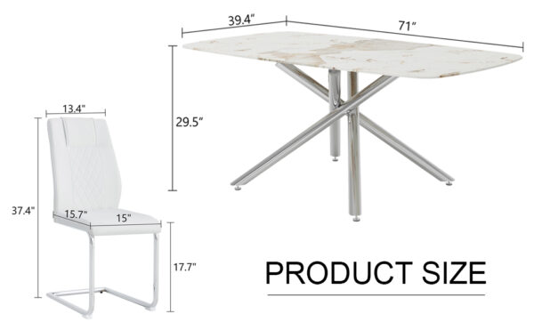 0a77c339b8914553a797b8682c321963_786052f15371d8728f06bfdc04fd6e85 Table and chair set.Modern Luxurious white Marble-Patterned Tempered Glass Dining Table with 6 Chairs.Single fork silver metal table legs.White high-quality PU dining chairs with silver metal legs.