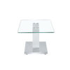 Modern minimalist coffee table. Transparent tempered glass tabletop with silver MDF pillars. Suitable for living room and dining room