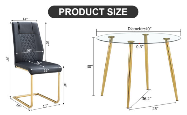Table and chair set. Round dining table, glass tabletop with a diameter of 40 inches, and gold-plated metal legs, paired with 4 black PU cushions and a dining chair with gold-plated metal feet. DT1164