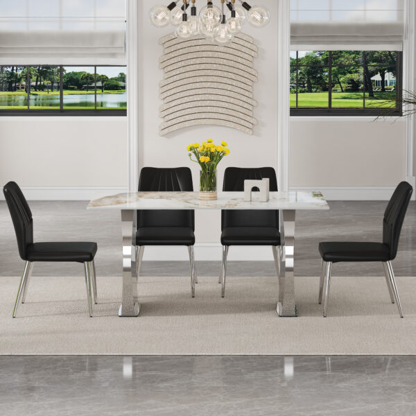 0ab350d9d7684a24a74fa32702e1a0f6_eab417a42325d6ba0b92f041223c1e78 Table and chair set.63*31.4 Inch Pandora Patterned Sintered Stone Dining Table Set - 4 Shell Textured Black Chairs, Modern Light Luxury.Perfect For Dinner Room,Meeting Room,Kitchen,etc.