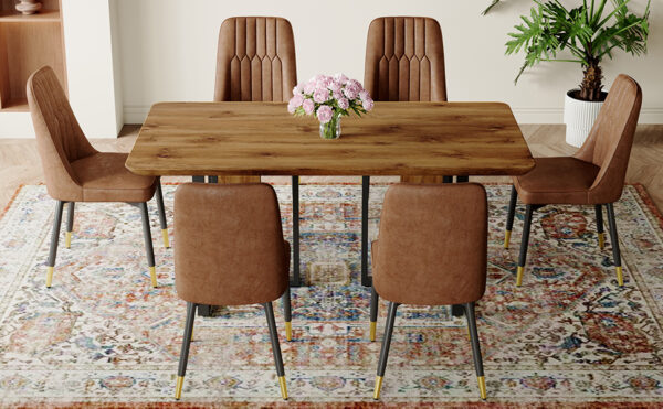 0ab7a4ab32ba48e8810b2ed2a5462368_a7bc401544c4d28fea71e92ecdee1271 Table and chair set.67"x36" Wood-Textured MDF Dining Table Set with 6 Brown Suede Chairs.MDF sticker,Wood colored texture sticker,Brown armless dining chair,Suitable for kitchen,Dining room,etc.