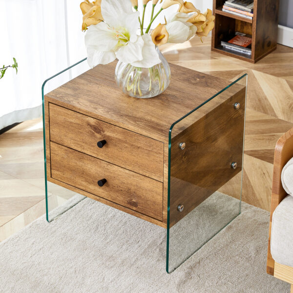 0adb2297aca84751b34659407c2390b4_f28fc2ffa4e6044e041e3573024c44ca Double-drawer bedside table. The board surface is MDF sticker, and both sides are transparent tempered glass. The design is simple and elegant, with excellent storage functions.