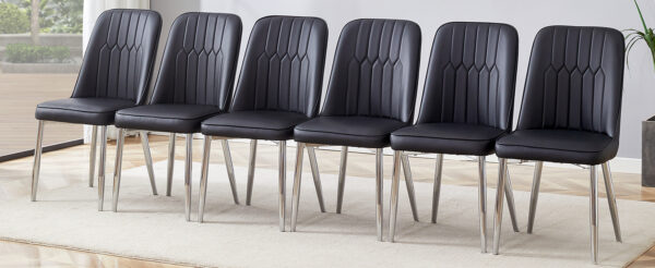 0ade1eec38944c139847608000b94dc2_6c104601edf29bbdd5443f665fafffca 6 modern dining chairs, sleek PU backrest, and silver metal legs bring a comfortable home experience to the kitchen, bedroom, and office.Black PU Chairs with Simple Line Designs On The Backrest.