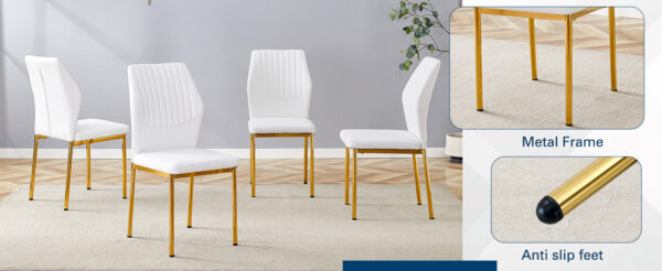 0b052e0635d44b8cad4108ac484cfeae_cf8072f8ad24d0deb8c3f5d82fea4535 Luxury Simple Chair - Set of 6 White PU Material High Resilience Dining Chair with Metal Gold Leg.The Chair Back Has a Vertical Stripe Design With Smooth And Uniform Lines.