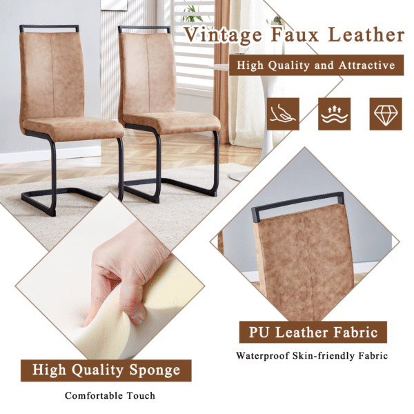 Table and chair set.A retro rectangular dining table with a wood color fishbone textured top and black metal legs.Paired With 4 Brown technology fabric chairs with Featuring arched black legs.