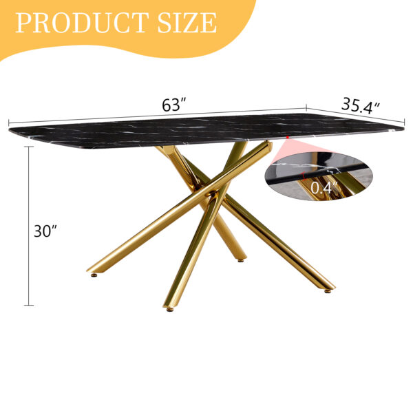 0b0d9e11ce86416abea0ccc31c9a7613_e5aaf4cf203dccc43fe9d6fd29d1bc84 63"x35.4" Luxurious Black Marble-Patterned Tempered Glass Dining Table.Single Fork Golden Metal Table Legs.Tempered Glass Table Top,Golden Metal Leg.Make it Adaptable To Various Decoration Styles.