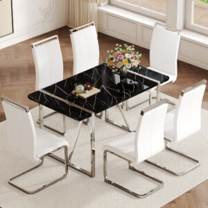 Table and chair set.A rustic industrial rectangular MDF black dining table with  MDF desktop and electroplated silver metal legs.Paried with 6 chairs  with PU cushion and metal legs.