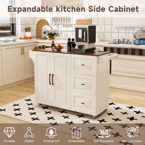 0b91f7b007f94c07812cc24e015f1bab_0419154d67df2ae4d697f604c0f7c0d3 White Kitchen Island Cart with Foldable Tabletop & Drop Leaf - Mobile Breakfast Bar on Wheels with Wood Top and Storage