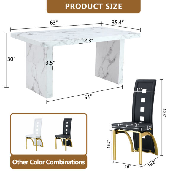 0b999fafb12448bbb396850e2bec2def_e273511882fceddacbce4bb3760c7710 Table and chair set.63"*35.4" White Imitation Marble Pattern MDF Dining Table Set - 6 PU Chair With Black Saddleback, Geometric Pattern Backrest,Golen Curved Metal Leg..Suitable For Various Scenes.