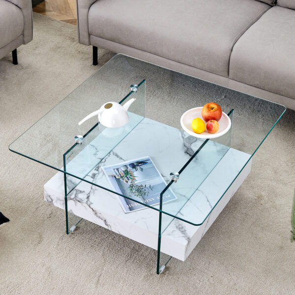 0b9e92cf6b99491a807738fb3fbde0c9_a1fc3aee001c04a387d6837bbfeb0d4f 31.4 Inch Modern Two-Tier Square Coffee Table - An Elegant Combination of Clear Glass and White Marble Pattern Sticker.It can be used as a coffee table,a side table or a display stand.