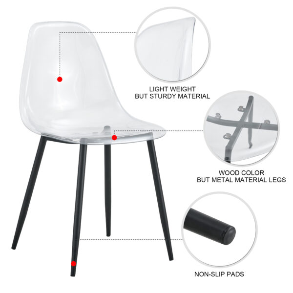 0ba4f1bf4bb3411bb233f42e6ab8e191_20231016_f6ee7cd2e5f271c9d4df0dcecea0b302 Modern minimalist transparent dining chair, plastic chair, armless crystal chair, Nordic creative makeup stool, negotiation chair, set of 4 pieces, black metal legs,TW-1200