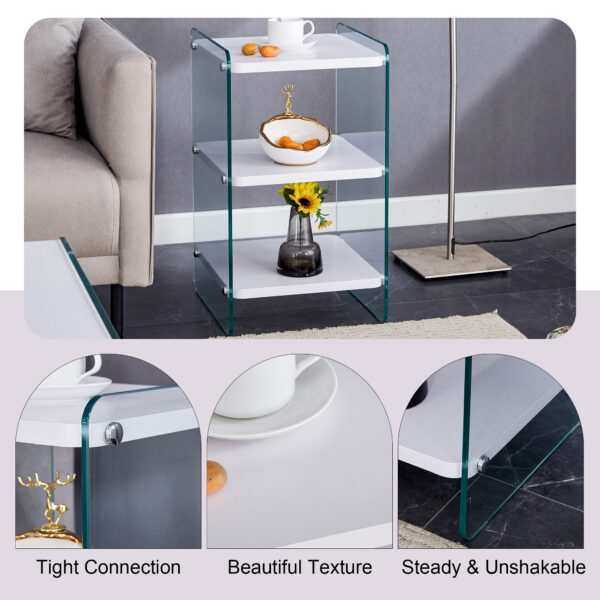 0baaba0ccae348f9ab61a7aa6f06308c_3f8963e3d1b6e73dc5cf9439bbca44cc Three levels of bedside tables. The board surface is MDF, with white stickers, and both sides are transparent tempered glass. The design is simple and generous, with storage function.