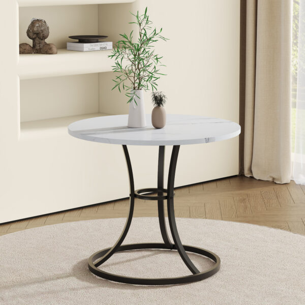 0bb5841c91864f86ad0f947459500782_fc668f142b7886dfb63482e8b8aba1cc A Modern Minimalist Circular Dining Table With A Diameter Of 33.3 Inches, An Elegant And Practical Choice.White Marble Textured Pattern Desktop, Paired With Uniquely Shaped Metal Leg.