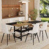 Table and chair set.71*35.4 inch Wooden And Black Spliced Dining Table With Storage Function In The Middle Of The Table Legs.Paired With 6 White Artificial PU Chairs With Curved Widened Cushion Design