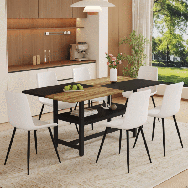 Table and chair set.71*35.4 inch Wooden And Black Spliced Dining Table With Storage Function In The Middle Of The Table Legs.Paired With 6 White Artificial PU Chairs With Curved Widened Cushion Design