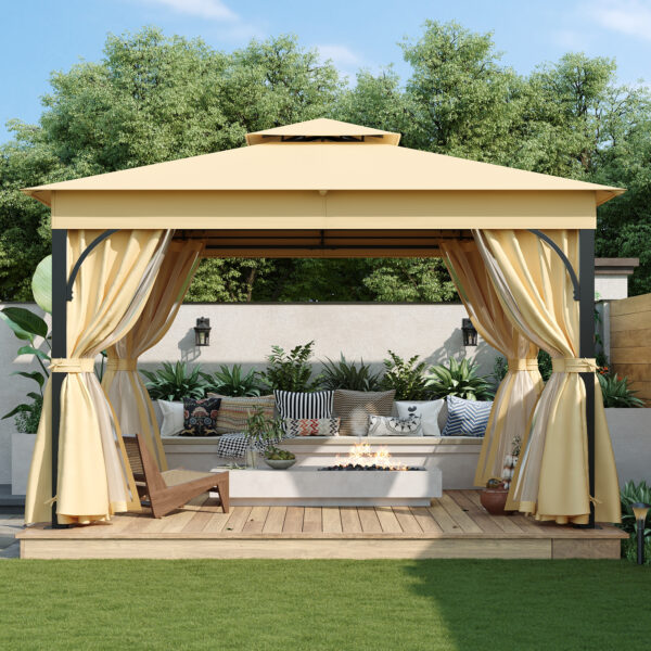 TREXM 10x12 Outdoor Gazebo Tent with Double Roofs, Patio Gazebo with Mosquito Netting and Privacy Screens, Patio Canopy for Shade and Rain for Backyard, Garden, Lawn and Deck (Beige)