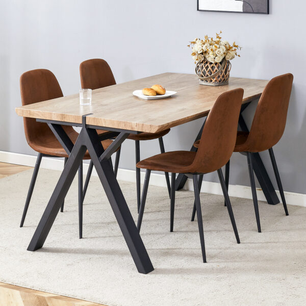 0bf05f10ae46439fa66b03195cd418e6_44ae33ed29ff4c338449df813802e93f Table and chair set.63"x35.4" Wood-Textured MDF Dining Table with Black A-Frame Legs.Paired with 4 Brown Technology Fabric Round Corner Dining Chair.Density Board Sticker,Iron Pipe Spraying,