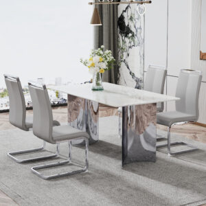 Modern minimalist dining table. Imitation marble glass sticker desktop, stainless steel legs, stable and beautiful. 4 premium PU seats. 63 inches * 35.4 inches * 29.5 inches DT-69 C-1162