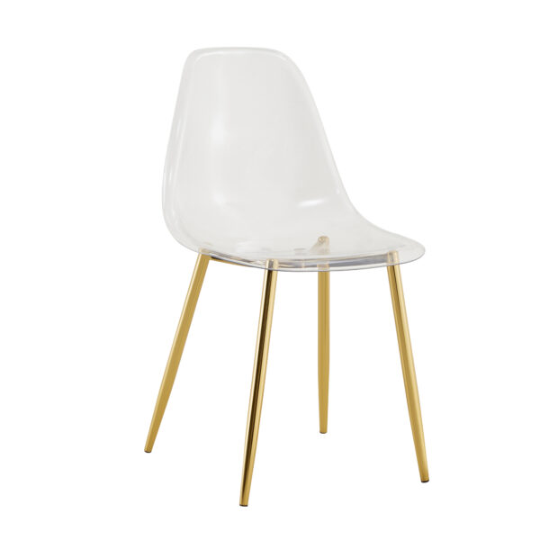 0c629516255e491191af2ca6effc374d_beebe892e9e4947403e7d20ee4448ddf Transparent and stylish ergonomic dining chair unlocks a new experience of lightweight fashion, comfort, and stability. Transparent seat cushion, golden metal legs. One box of three.
