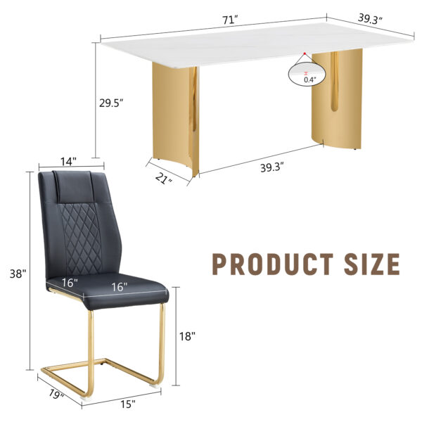 0c67978df99b405c86aae31aefa22a6b_cb7522696f3e44ac9b1f1df712402041 Table and chair set.The table has a glass tabletop with imitation marble pattern stickers and stainless steel golden table legs. Paried with comfortable chairs with PU seats and metal legs.
