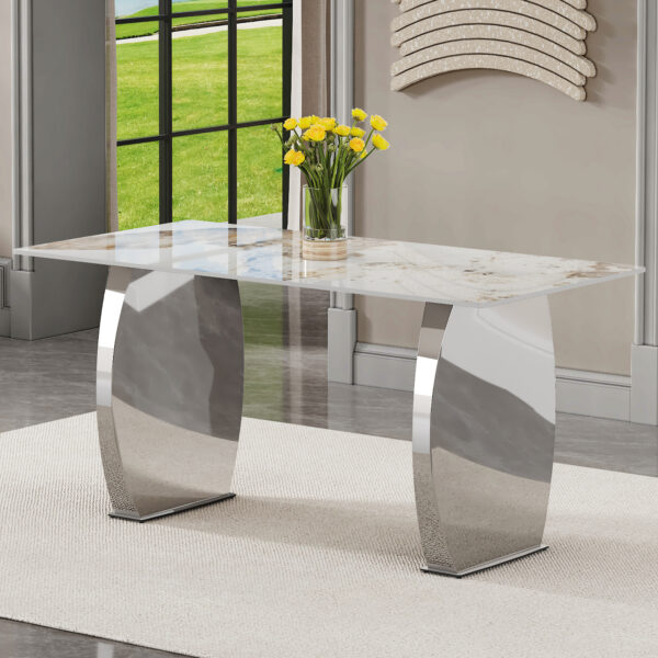 0c6bba0f728f45fca24c460bc16320d5_38d61a3b3224783c56e85a57fbd415c9 Modern rectangular dining table, imitation marbled rock plate table top, stainless steel table legs, suitable for kitchen, dining room, living room 63 inches * 31.4 inches.