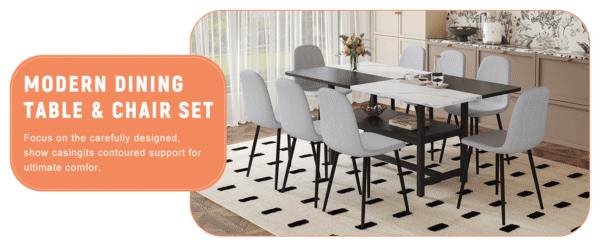 Table and chair set.71*35.4 inch White And Black Spliced Dining Table With Storage Function In The Middle Of The Table Legs.Paired With 8 Light Gray Linen Fabric Chairs.