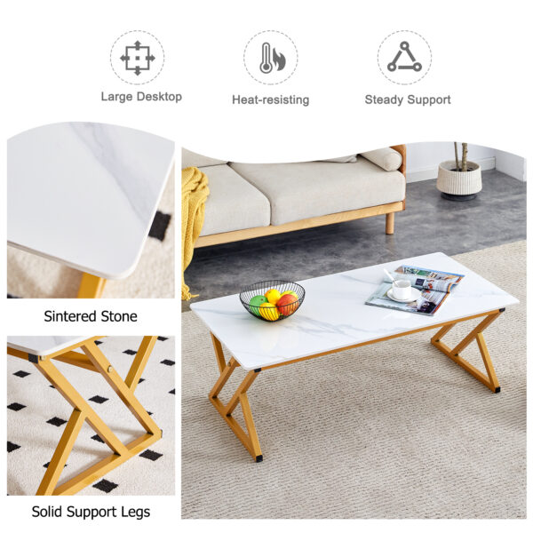 0c9206468745459e8998a88d12a0a114_d859a1f6a5cbd868e1c105b40d411a5e A coffee table made of rock slab material, with a smooth and natural surface that complements the modern design of the golden metal legs, making it suitable for living rooms of all sizes.47*23.6