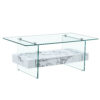 43.3 Inch Modern Two-Tier Coffee Table - Clear Tempered Glass and White Marble Texture, Multifunctional Storage Design.The bottom tier includes a drawer.Can be used as a coffee table,side table,etc.