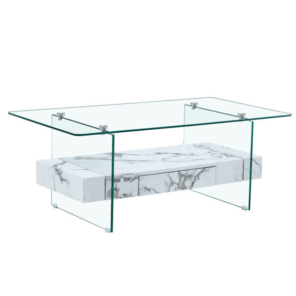 0c9f8e715ae449f3803d3294f3aefa55_697f82c674481b7b04a37cb4a9f453c3 43.3 Inch Modern Two-Tier Coffee Table - Clear Tempered Glass and White Marble Texture, Multifunctional Storage Design.The bottom tier includes a drawer.Can be used as a coffee table,side table,etc.