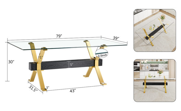 0ced5d063b9145589f965604bd57f354_20230908_283bfd3619c1d8c80a3b2d9199c370db Dining table. Modern tempered glass dining table. Large modern office desk with gold plated metal legs and MDF crossbars, suitable for both home and office use. Kitchen. 79 ''x39''x30 '' 1105