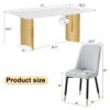 Table and chair set.The table has a glass top with imitation marble pattern stickers and stainless steel golden legs. Paried with chairs with PU artificial leather backrest cushions and black legs.