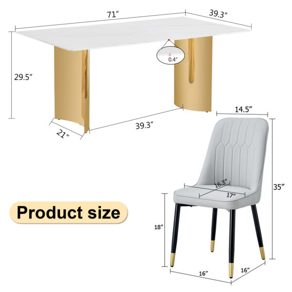 0d01973fe9ae4f7db543677ee03b66f9_62dd044b1b7c03ef092e6045ca97ed21 Table and chair set.The table has a glass top with imitation marble pattern stickers and stainless steel golden legs. Paried with chairs with PU artificial leather backrest cushions and black legs.