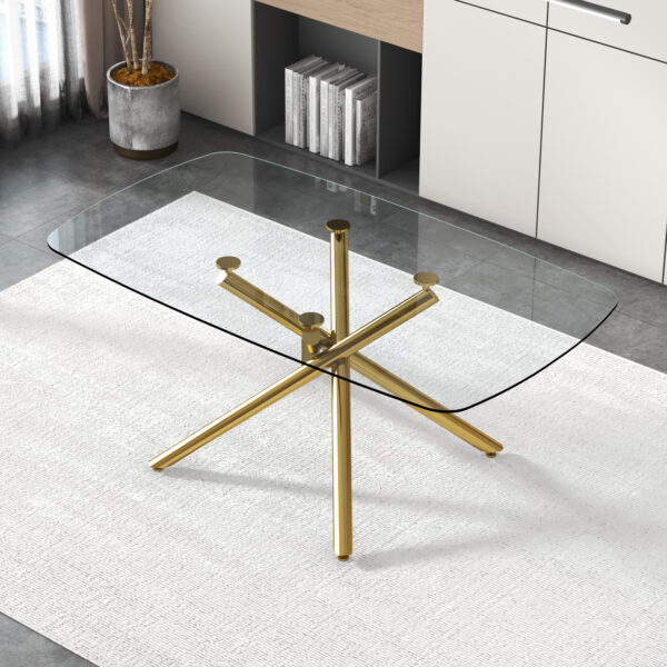 0d11a5dae4084eea8603d8a687b36fe6_20230717_45f9c2bd67c48f7fe1d6ada89fa65e08 Large Modern Minimalist Rectangular Glass Dining Table for 6-8 with 0.39" Tempered Glass Tabletop and Golden Plated Metal Legs,for Kitchen Dining Living Meeting Room Banquet hall 71'' x 39'' x30''1537