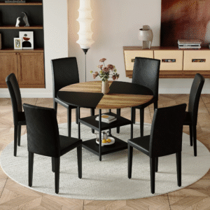 Table and chair set.A 47.3-inch diameter modern spliced color circular dining table - double-layer storage.Paired With 6 black PU dining chairs, simple and versatile, comfortable and accompanied.