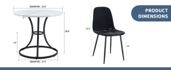 0d30204395ea40f39827a628ac7533f1_717f5bee3ba721a3d22b9b51ad239e92 Table and chair set.A Modern Minimalist Circular Dining Table With A Diameter Of 33.3 Inches.Paired With 4 Black Linen-Cotton Material High Resilience Dining Chair with Metal Black Leg.