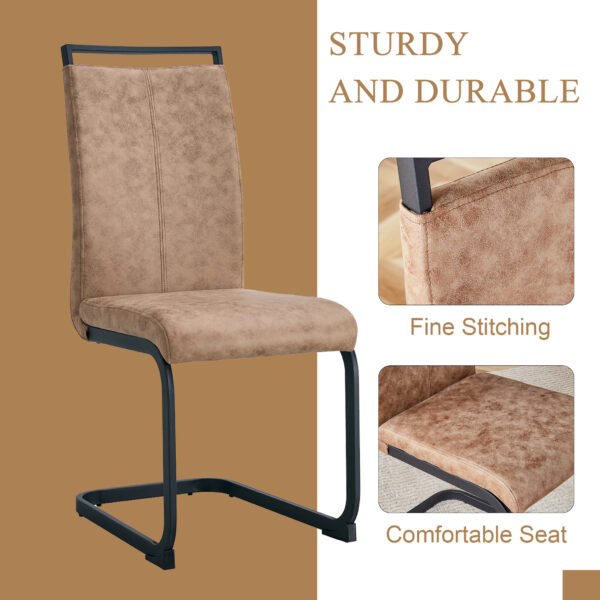 0d5cded02b1347d6a2773fe417688d42_9e43eef2edfc0509287b62ce24a51ff1 Table and chair set.67"x36" Wood-Textured MDF Dining Table Set with 6 Brown Fabric Chairs.MDF sticker,Wood colored texture sticker,Black C-tube dining chair legs,Suitable for kitchen,Dining room,etc.