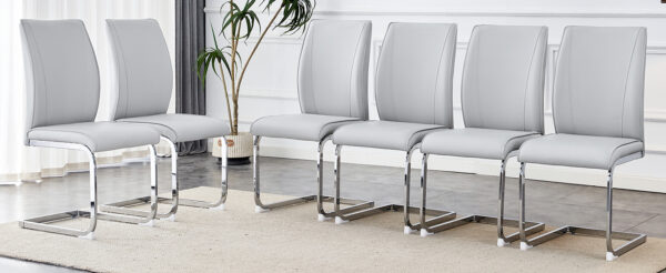 0d67750e6932427eae1dece922e249e3_dd31eb68fdf847701087edbb32ccb5bc Luxury Simple Arch Chair - Set of 6 Light Gray PU Material High Resilience Dining Chair with Arched Metal Silver Leg.