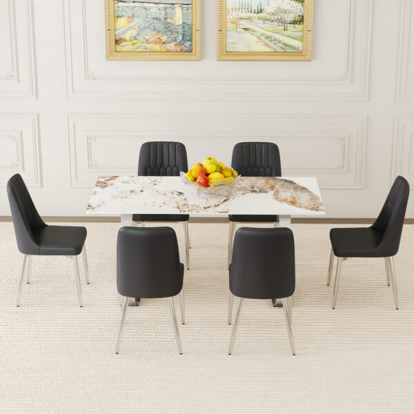 0d93f525c81c46ccaf91551857b69a65_69fb9afba8ca25b153dbd9b278e3637e Table and chair set.63*31.4 Inch Pandora Patterned Sintered Stone Dining Table Set - 6 Black Chairs With Silver Metal Legs.Modern Light Luxury.Perfect For Dinner Room,Meeting Room,Kitchen,etc.