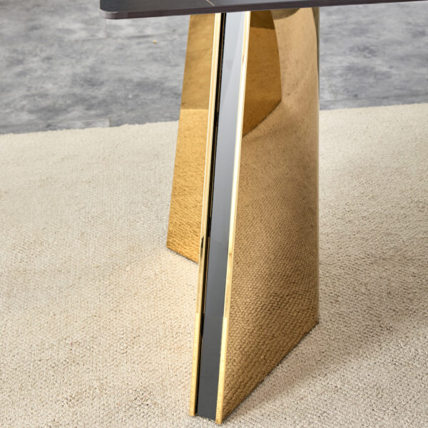 0d97675f7190406d9fcf5fafa31a561d_185471756330ae311f3f062d8e1747e6 Table and chair set.63"x31.5x30"Black Texture With Lines Patterned Sintered Stone Table with Golden Stainless Steel Butterfly Legs.Paried With 6 Black High-quality PU Chairs With Golden Metal Legs.