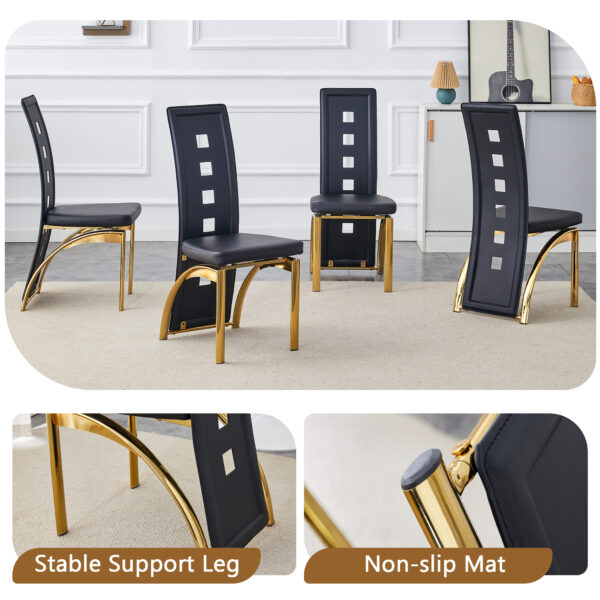 0d9b1c89b0fb4551815436d45f4c15e8_5b69237d822d05a5e022dc3a0feaa9c9 Table and chair set.63"*35.4" White Imitation Marble Pattern MDF Dining Table Set - 6 PU Chair With Black Saddleback, Geometric Pattern Backrest,Golen Curved Metal Leg..Suitable For Various Scenes.