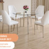 Table and chair set.Modern circular transparent tempered glass table, tempered glass tabletop, silver metal table legs.A Set of 4 White PU Comfort Dining Chairs with extended backrest.