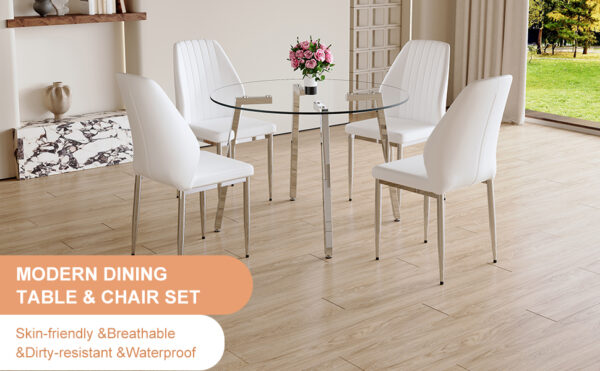 0dae49c7177a49c493e99858a2bd41fe_976c3e9feb46a45d8ceef02ebd461516 Table and chair set.Modern circular transparent tempered glass table, tempered glass tabletop, silver metal table legs.A Set of 4 White PU Comfort Dining Chairs with extended backrest.