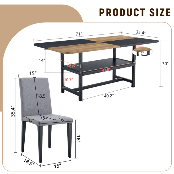 Table and chair set.71*35.4 inch Wooden And Black Spliced Dining Table With Storage Function In The Middle Of The Table Legs.Paired With 8 Light Gray Linen-Cotton Dining Chairs, Simple And Versatile.