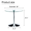 A 35-inch diameter glass top and a modern, minimalist round dining table with silver metal legs. Ideal for dining rooms, living rooms and meeting rooms.